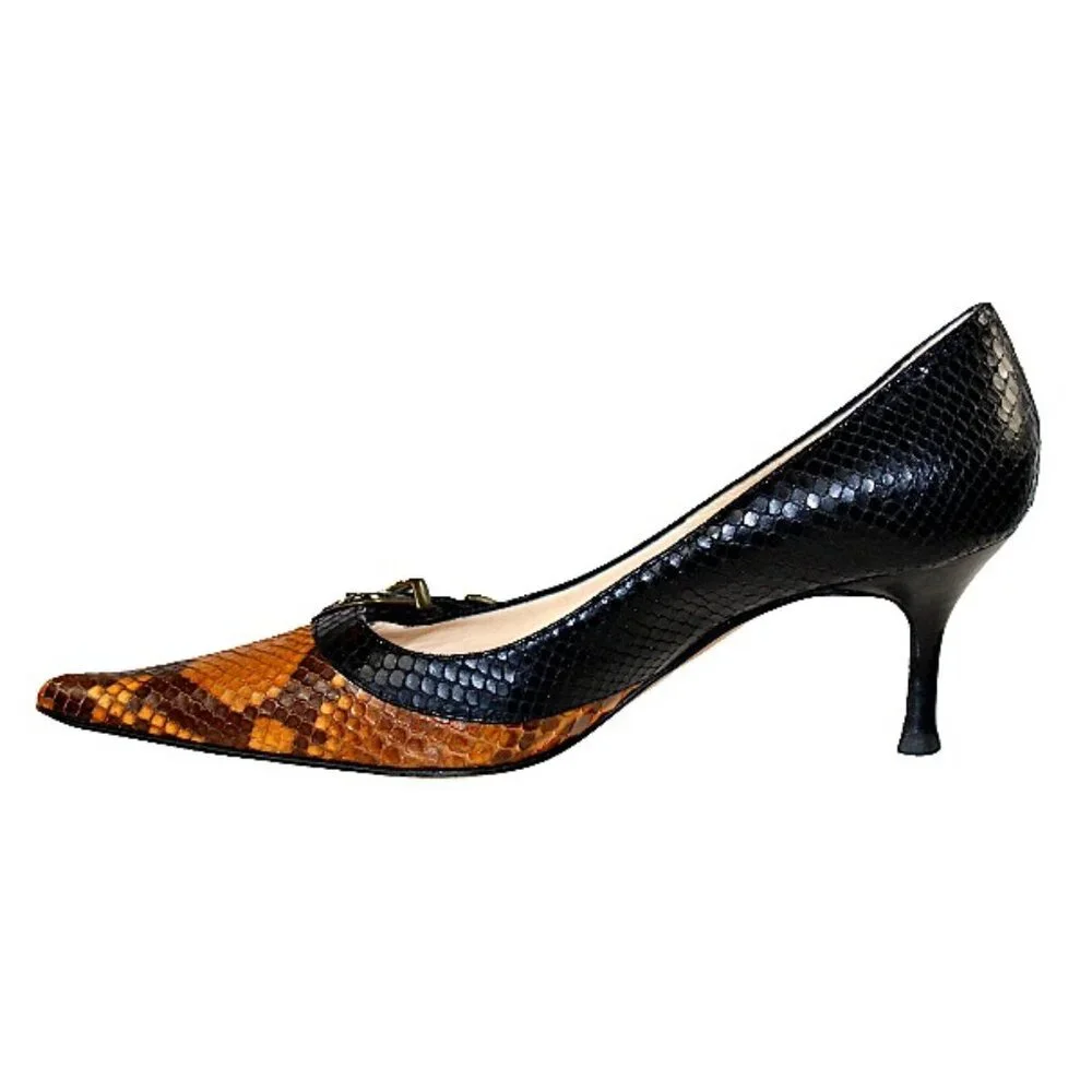 Luciano Padovan Two Tone Black Brown Snakeskin Leather Heel, Size 38 (US 7-7.5)